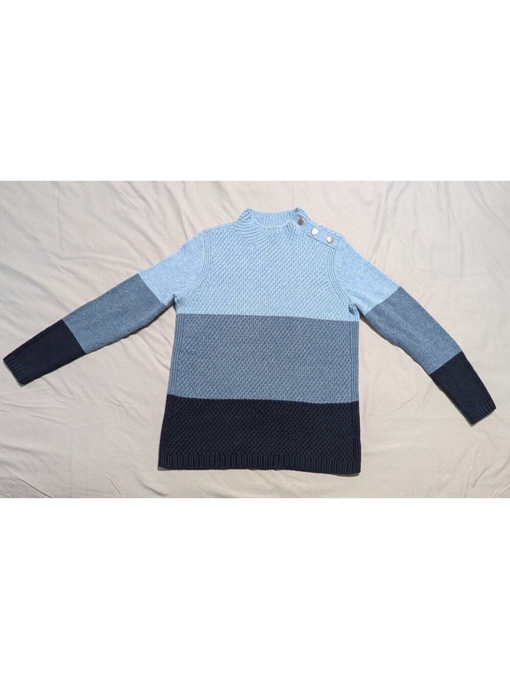 Talbots Petite P Blue Colorblock Mockneck Sweater Button Shoulder Textured Knit